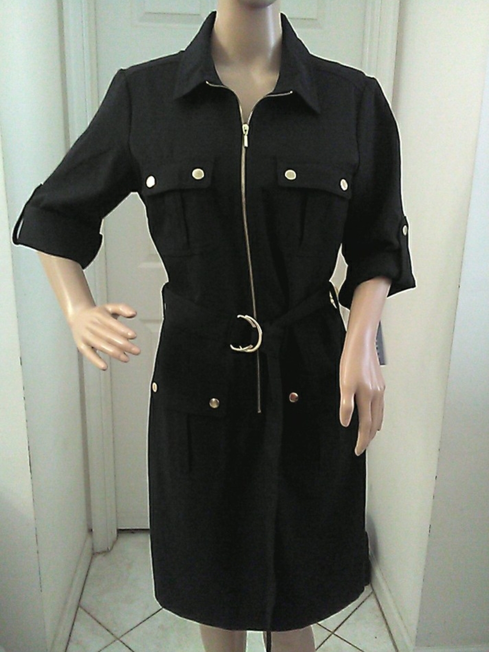 NWT SHARAGANO Black Utility Midi Dress W Belt SZ. 10 4 Front Pkts. Classy X-Snap